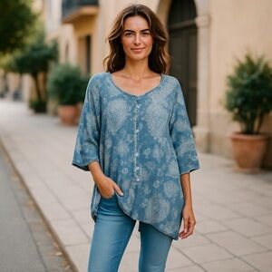 Sundance Blue Paisley Print Cotton Tunic Top Women’s Large